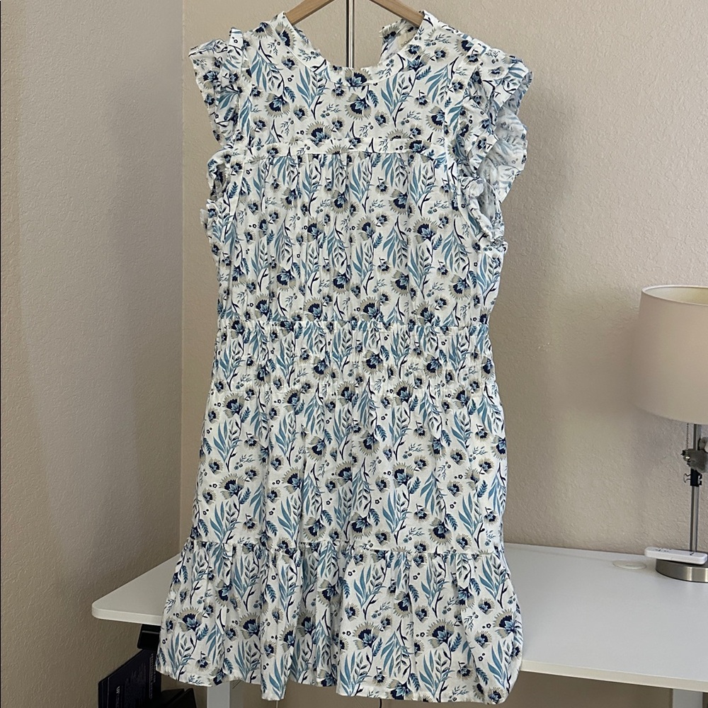 Universal Thread Floral Dress Blue & White Ruffle Hem Sleeveless